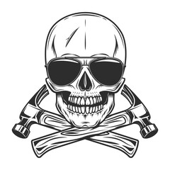 Skull with builder construction hammer tools and sunglasses accessory to protect eyes from bright sunvintage isolated vector illustration