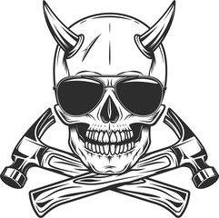 Viking skull with horns with construction hammer tools and sunglasses accessory to protect eyes from bright sun vintage isolated illustration