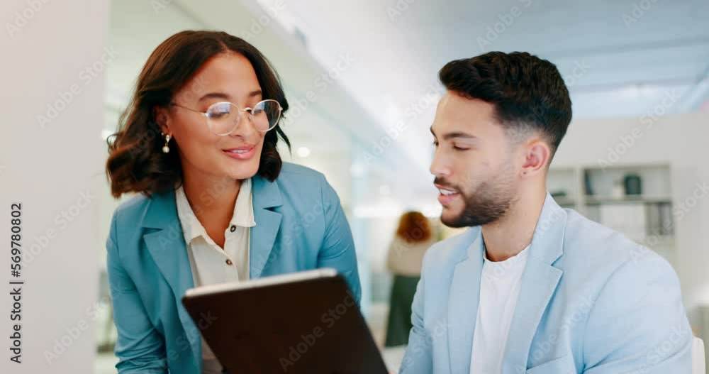 Aufkleber collaboration, office and woman and man at desk with idea, proposal on tablet and teamwork at startu