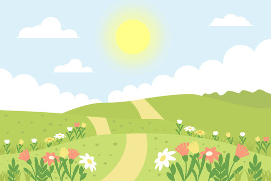 flat spring landscape illustration with spring flowers