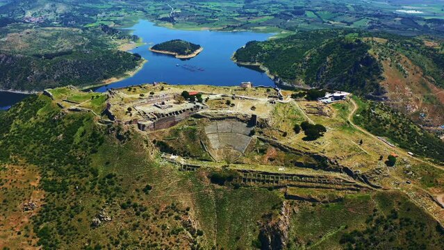 The Acropolis, which means Upper Town  has the most important remains of Pergamon ancient city in Izmir - Turkey. 4K . 
Aerial view
