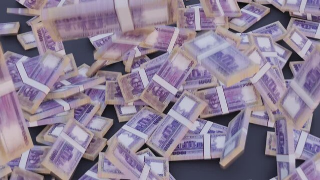 Bangladeshi banknote bundle is falling from above, one thousand taka note 3d animation video
