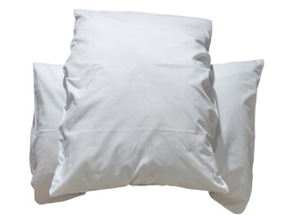 Two white pillows with cases after guest's use at hotel or resort room isolated on white background with clipping path in png file format, Concept of confortable and happy sleep in daily life
