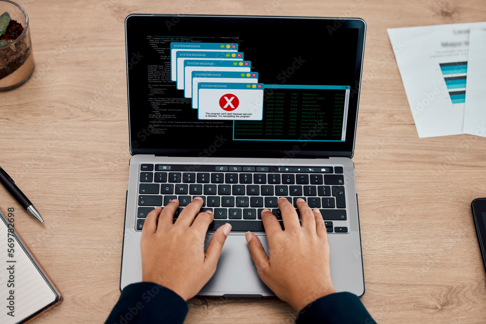 Leinwandbilder error, office and hands typing on a laptop working on a web development or design with a mistake. te