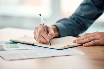 Writing, notebook and office worker hands of a business woman at a desk working, Schedule planning, research and data job of a creative employee at the workplace busy with company strategy list