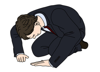 土下座をする男性ビジネスマンの全身横向きイラスト 謝罪や誠意を表現するビジネスシーン素材