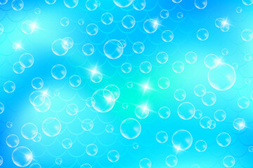 Mermaid blue background with fish scale pattern and soap bubbles. Cyan pearl print. Underwater abstract cartoon wallpaper for banner, invitation and holidays. Kawaii vector texture.