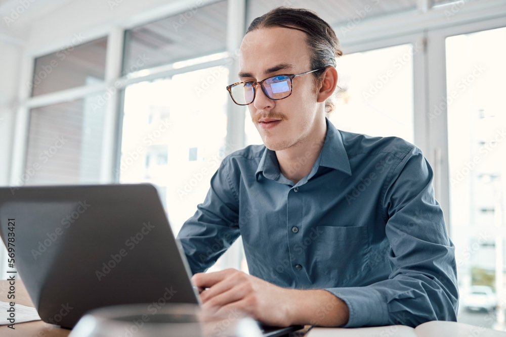 Poster Laptop, internet and businessman in office for email, typing and creative, design and idea on mockup background. Website, search and man seo busy on online project, task and problem solving in London