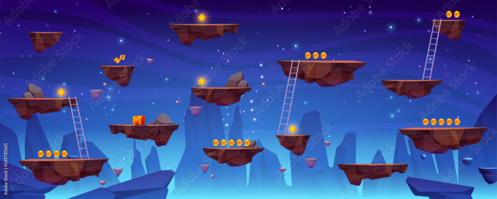 Poster flying rock islands vector game space background landscape. cartoon planet in galaxy for arcade vide