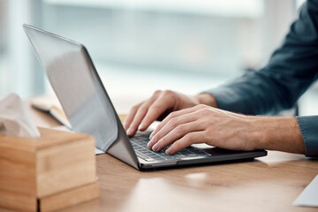 Closeup, business and hands with laptop, typing and digital planning with online schedule and deadline. Zoom, man and employee with device, connection and search internet for solutions and innovation