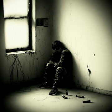 lonely man sitting alone, drugs, alcoholism, social problems, depression, generated in AI
