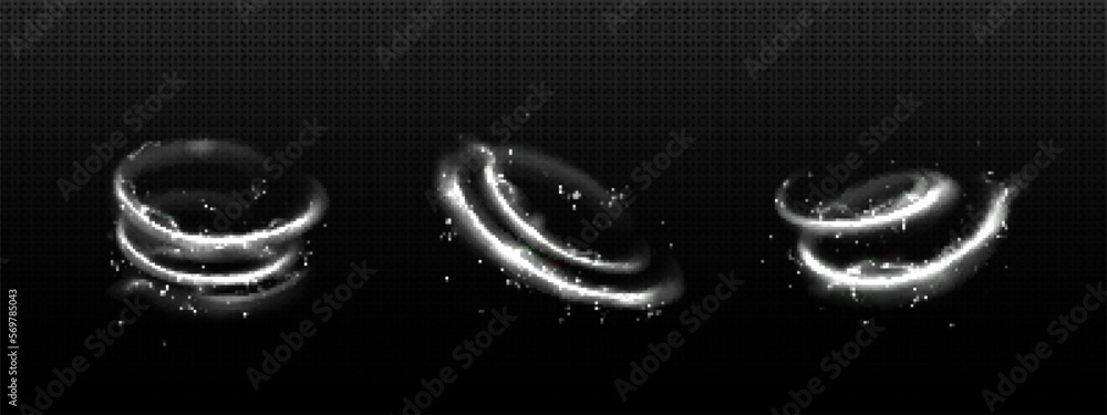 Poster realistic set of abstract energy spin effect isolated on dark transparent background. vector illustr