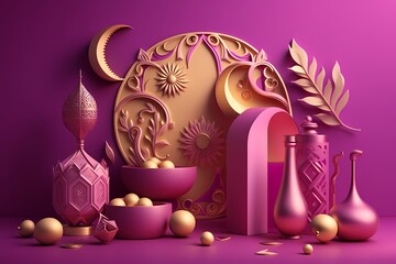 Ramadan Kareem Celebration and Decoration,3D Render Illustration Design