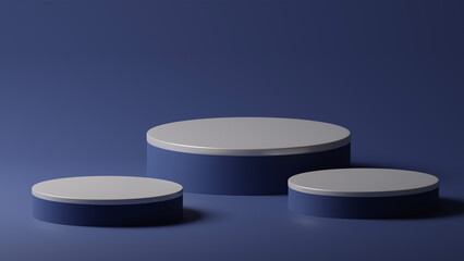 3D rendering blue silver colour minimal cylinder pedestal podium product showcase display on empty background. 3D mockup illustration