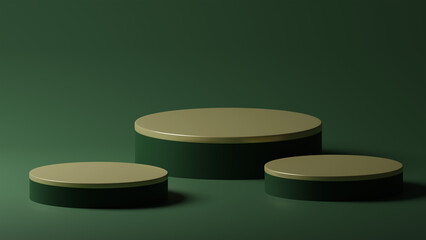 3D rendering dark green gold colour minimal cylinder pedestal podium product showcase display on empty background. 3D mockup illustration