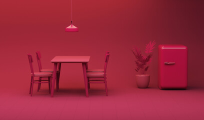 Interior of the room in plain monochrome red color with table dinner and lamp. Light background with copy space. 3D rendering for web page, presentation. Viva Magenta color.