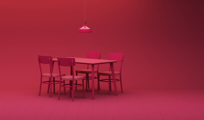 Interior of the room in plain monochrome red color with table dinner and lamp. Light background with copy space. 3D rendering for web page, presentation. Viva Magenta color.
