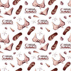 Seamless pattern with swimsuits and sandals. Beach Holidays, Summer, marine nature concept. Vector illustration. Perfect for product design, wallpaper, scrapbooking, wrapping paper.