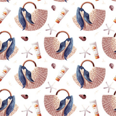 Seamless pattern with beach bag, sunscreen, starfishes. Beach Holidays, Summer, marine nature concept. Vector illustration. Perfect for product design, wallpaper, scrapbooking, wrapping paper.