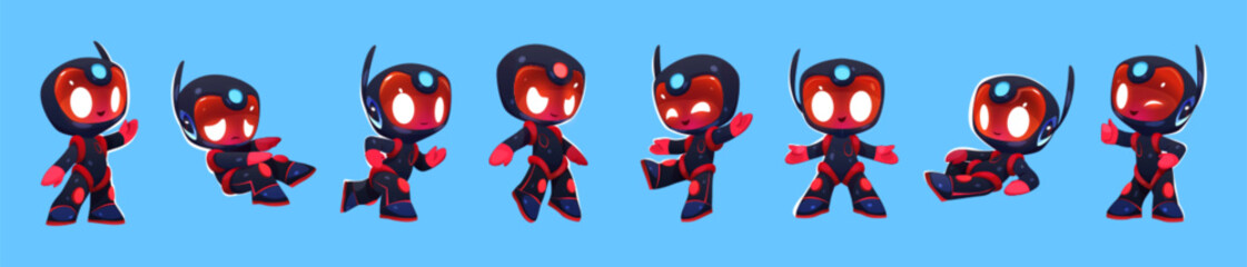 Cartoon vector illustration set of kid astronaut in space. Isolated little spaceman bot in black suit and helmet lie, run or go on background. Cute cosmic robot in various poses © klyaksun