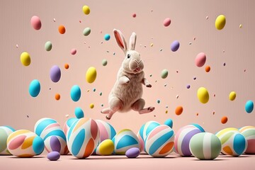 Happy Easter Bunny Jumping over Colorful Easter Eggs, Concept of Easter Eggs Hunt. Created with Generative Ai