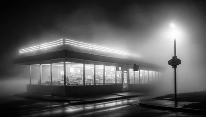 Poster Rural diner at night. Black and white photography. Long exposure created using Generative AI © AI Studio - R