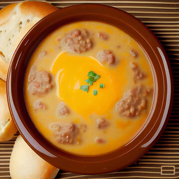 Close up of homemade cheeseburger soup in a dish on a table with buns.generative ai