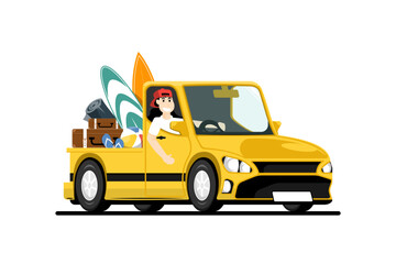 Fototapeta na wymiar Cartoon young man pickup truck driver with luggage equipment for relaxing on the beach, Vector illustration on isolated background.