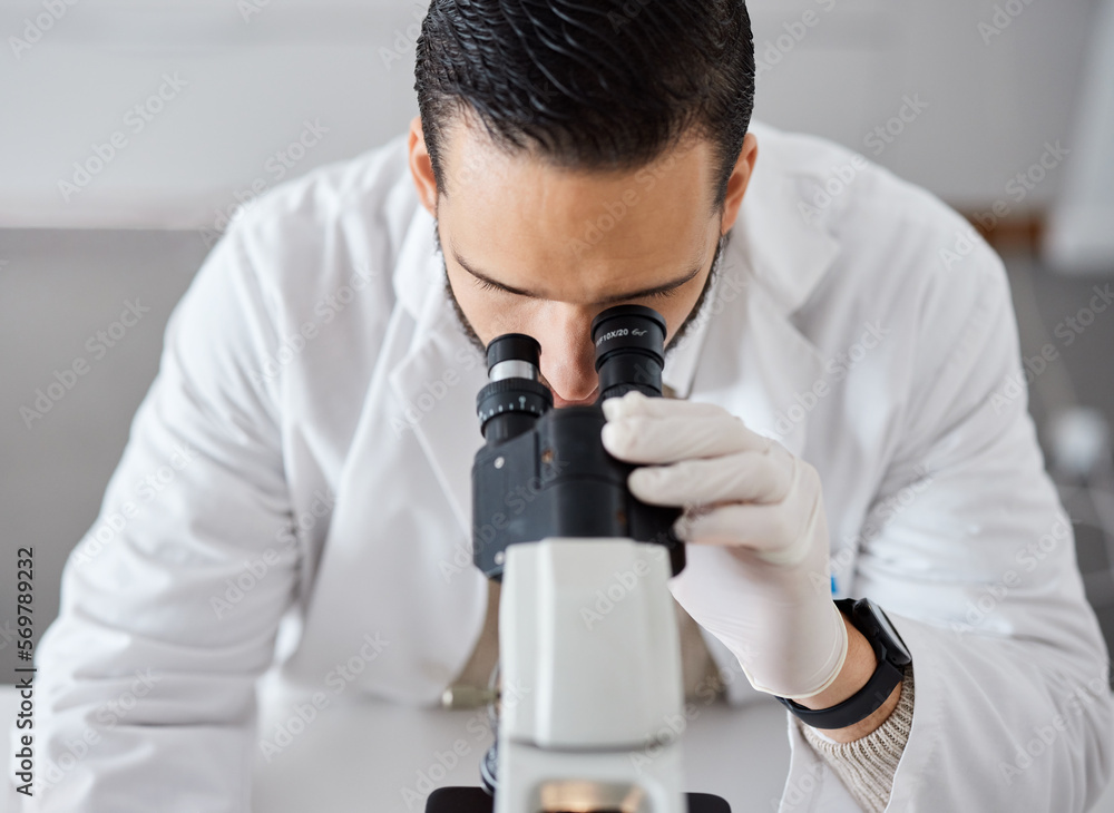 Poster science, microscope and a doctor man at work in a laboratory for innovation or research. medical, an