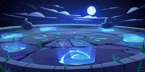 Stone platform for battleground at night, vector cartoon ancient game temple background. Maya arena floor in moon light and clouds. Fantasy magic altar landscape. Old egypt rock podium with neon runes © klyaksun