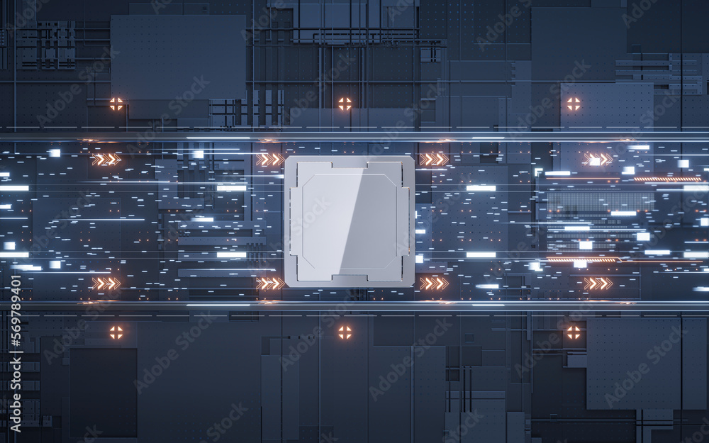 Poster circuit board and electrical chip core, 3d rendering.