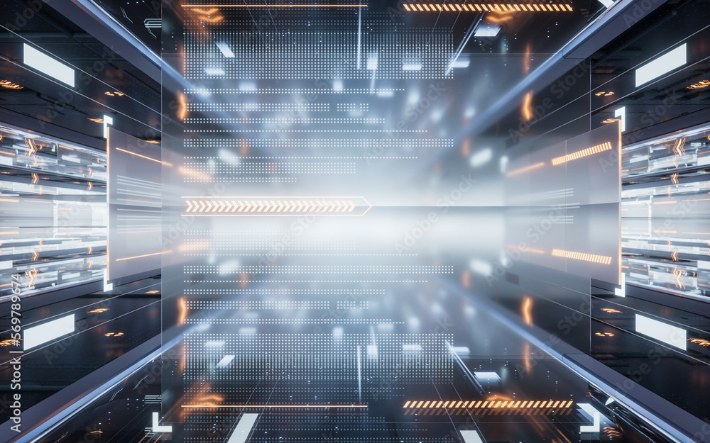 Poster digital screen with cyberspace background, 3d rendering.