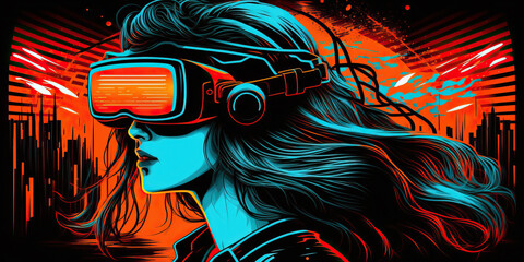Beautiful girl with glasses of virtual reality. Young woman interacting with virtual reality while wearing VR goggles on neon light retro wave backgground. Post-processed generative AI