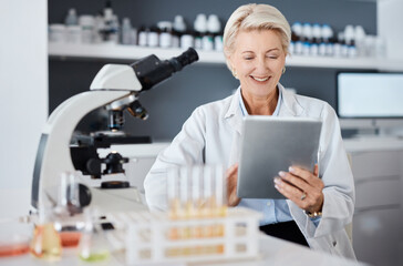 Science, tablet and research woman with microscope data analytics, test results and laboratory...