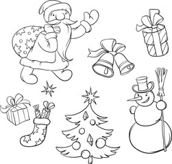 Coloring Book Santa Claus and Christmas symbols - PNG image with transparent background