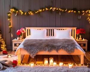 Wooden Bed in a Romantic Ambience, Valentine's Day, Romantic Room, Made with Generative AI