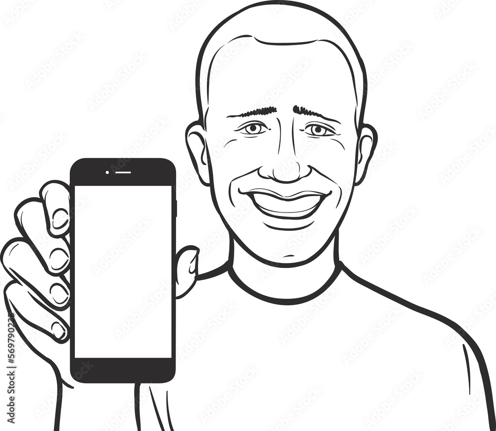 Aufkleber line drawing of a african man showing a mobile app on a smart phone - png image with transparent bac