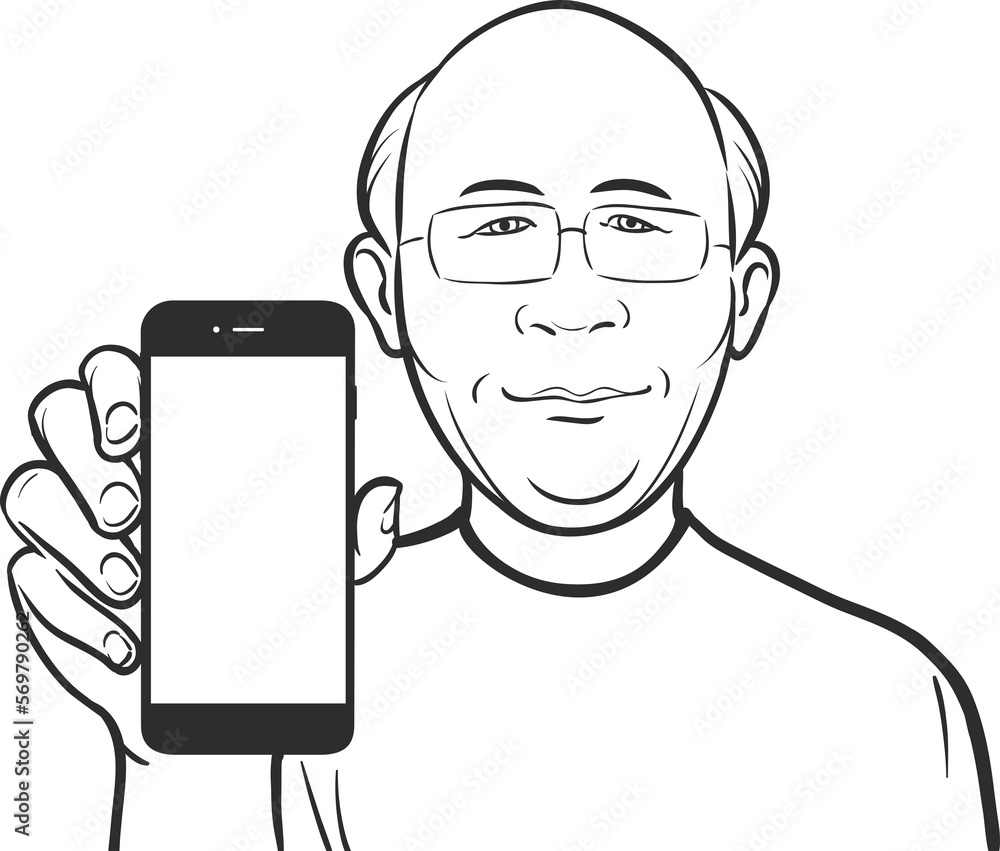 Poster line drawing of a bald chinese man showing a mobile app on a smart phone - png image with transparen