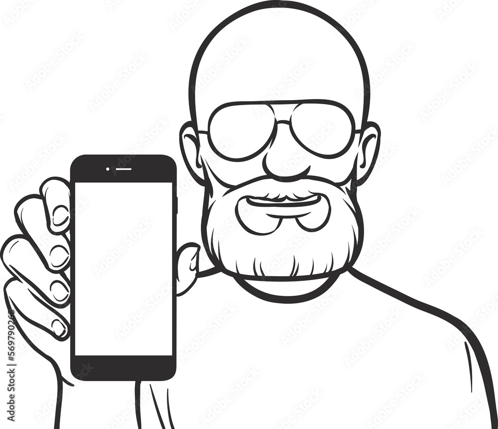 Poster line drawing of a bald man showing a mobile app on a smart phone - png image with transparent backgr