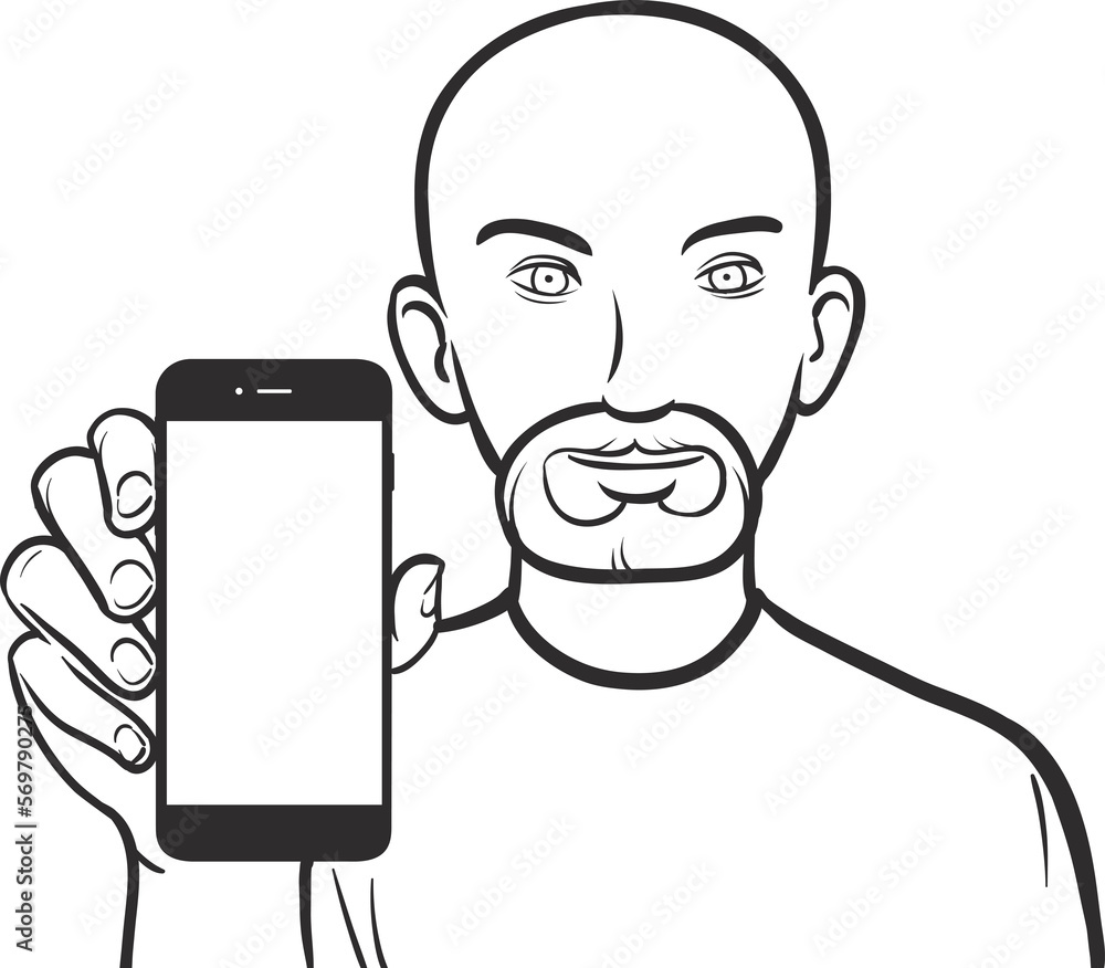 Poster line drawing of a bearded man showing a mobile app on a smart phone - png image with transparent bac