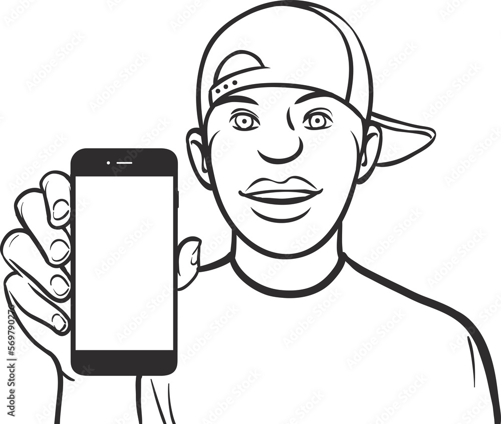 Poster line drawing of a black guy in cap showing a mobile app on a smart phone - png image with transparen