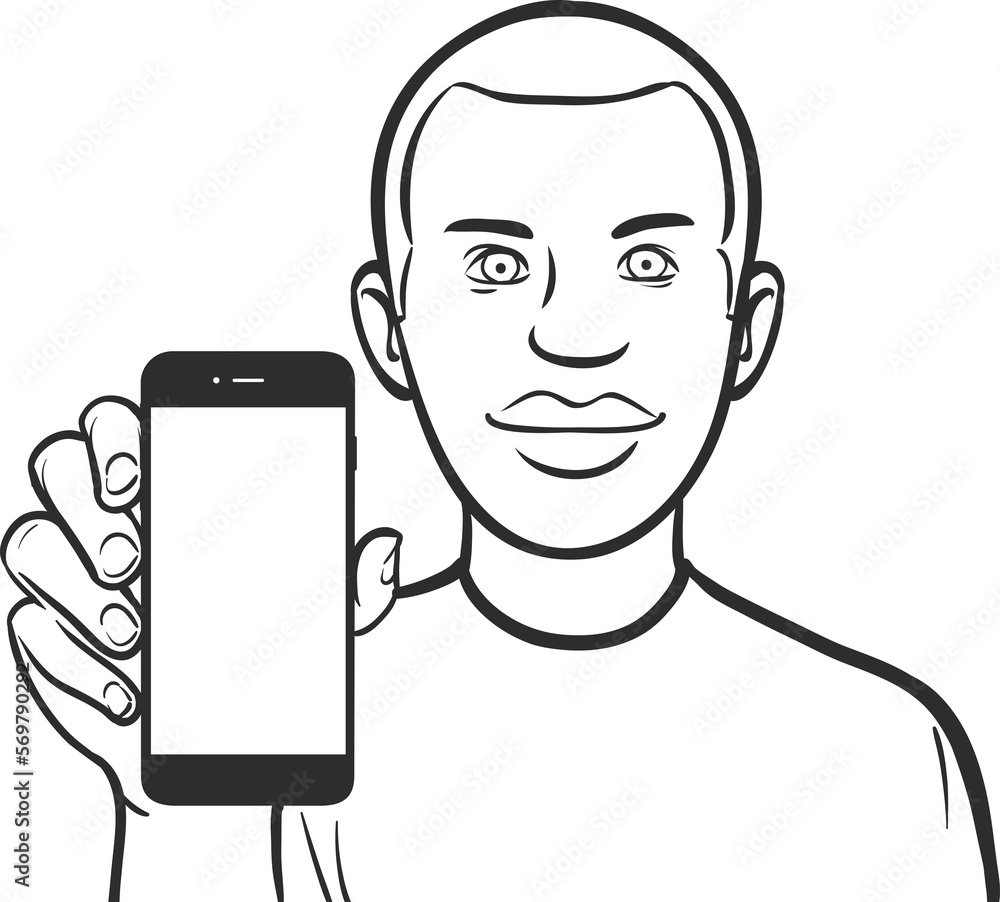 Poster line drawing of a black guy showing a mobile app on a smart phone - png image with transparent backg