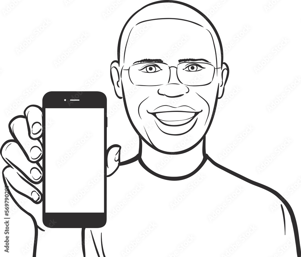 Aufkleber line drawing of a black man in glasses showing a mobile app on a smart phone - png image with transp