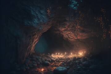 Fototapeta na wymiar Cave with fire flies. magical and ethereal lighting