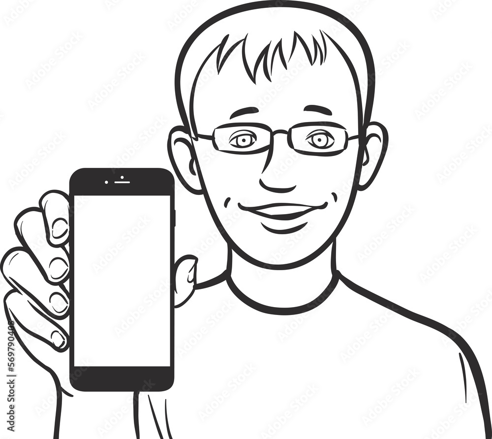 Poster line drawing of a man in glasses showing a mobile app on a smart phone - png image with transparent 