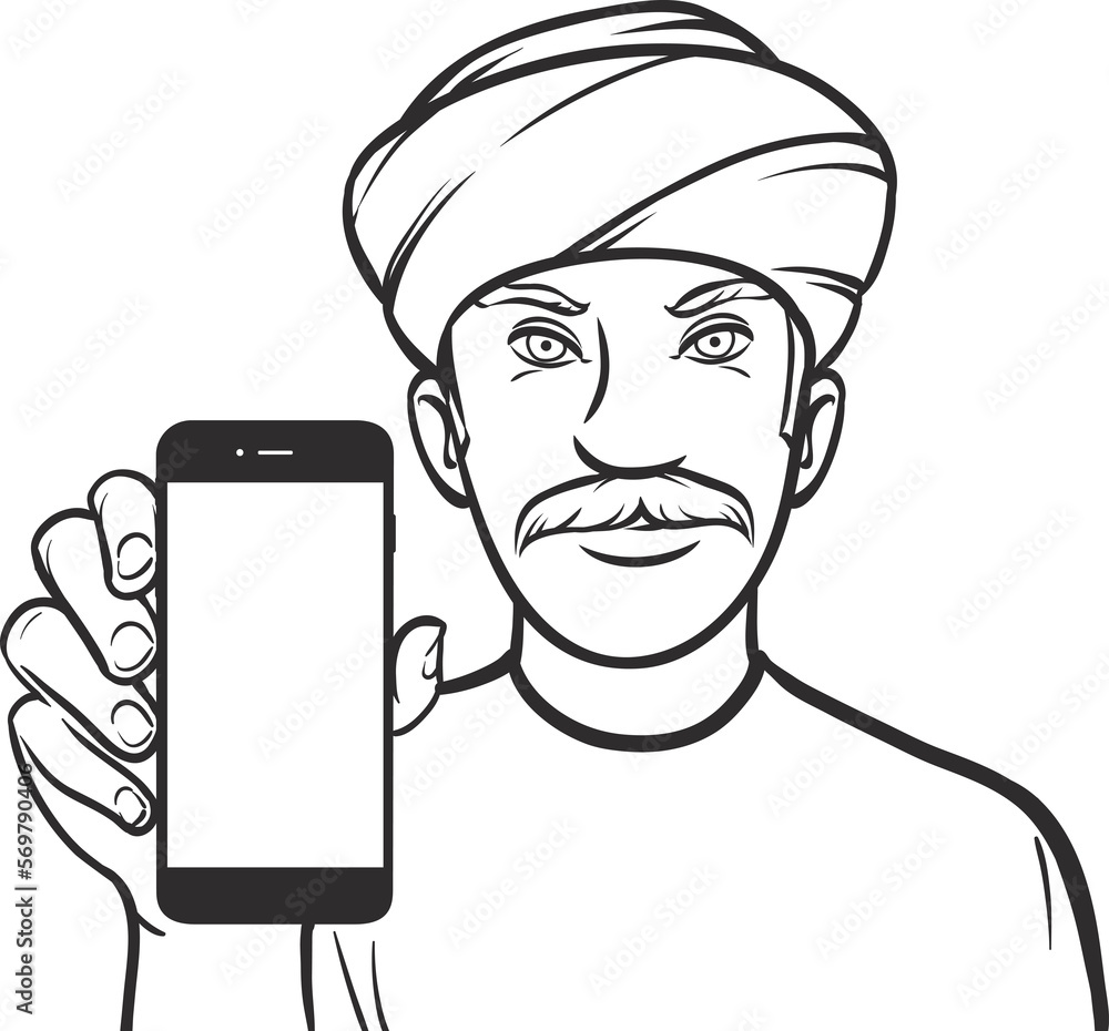 Poster line drawing of a man in turban showing a mobile app on a smart phone - png image with transparent b