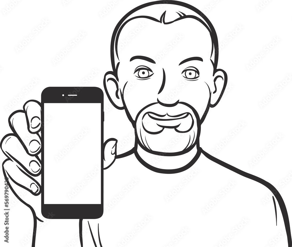 Aufkleber line drawing of a man showing a mobile app on a smart phone - png image with transparent background
