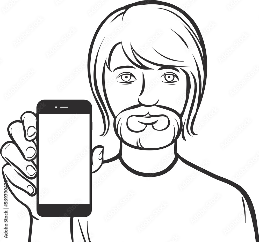 Aufkleber line drawing of a man with beard showing a mobile app on a smart phone - png image with transparent 