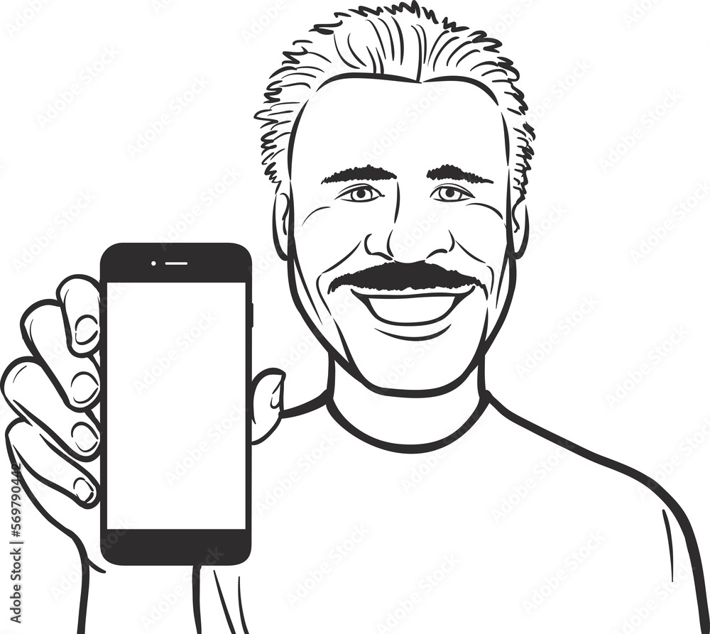 Poster line drawing of a mexican man showing a mobile app on a smart phone - png image with transparent bac