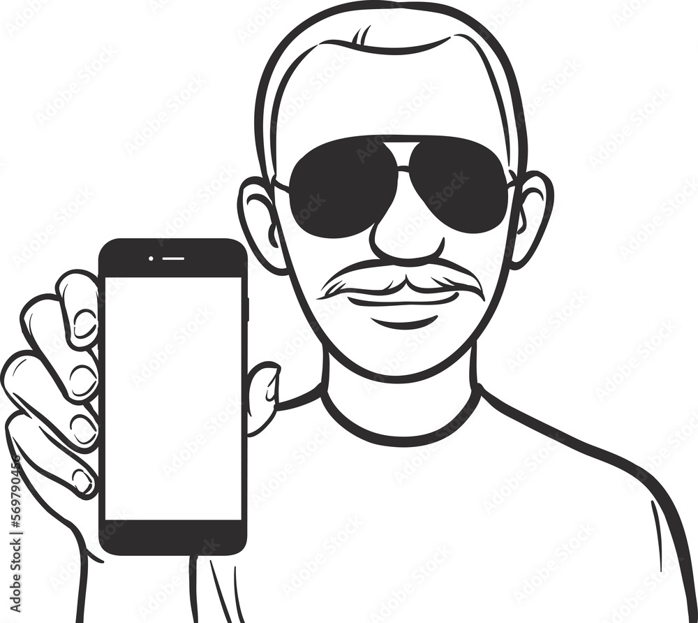 Aufkleber line drawing of a mustache man showing a mobile app on a smart phone - png image with transparent ba